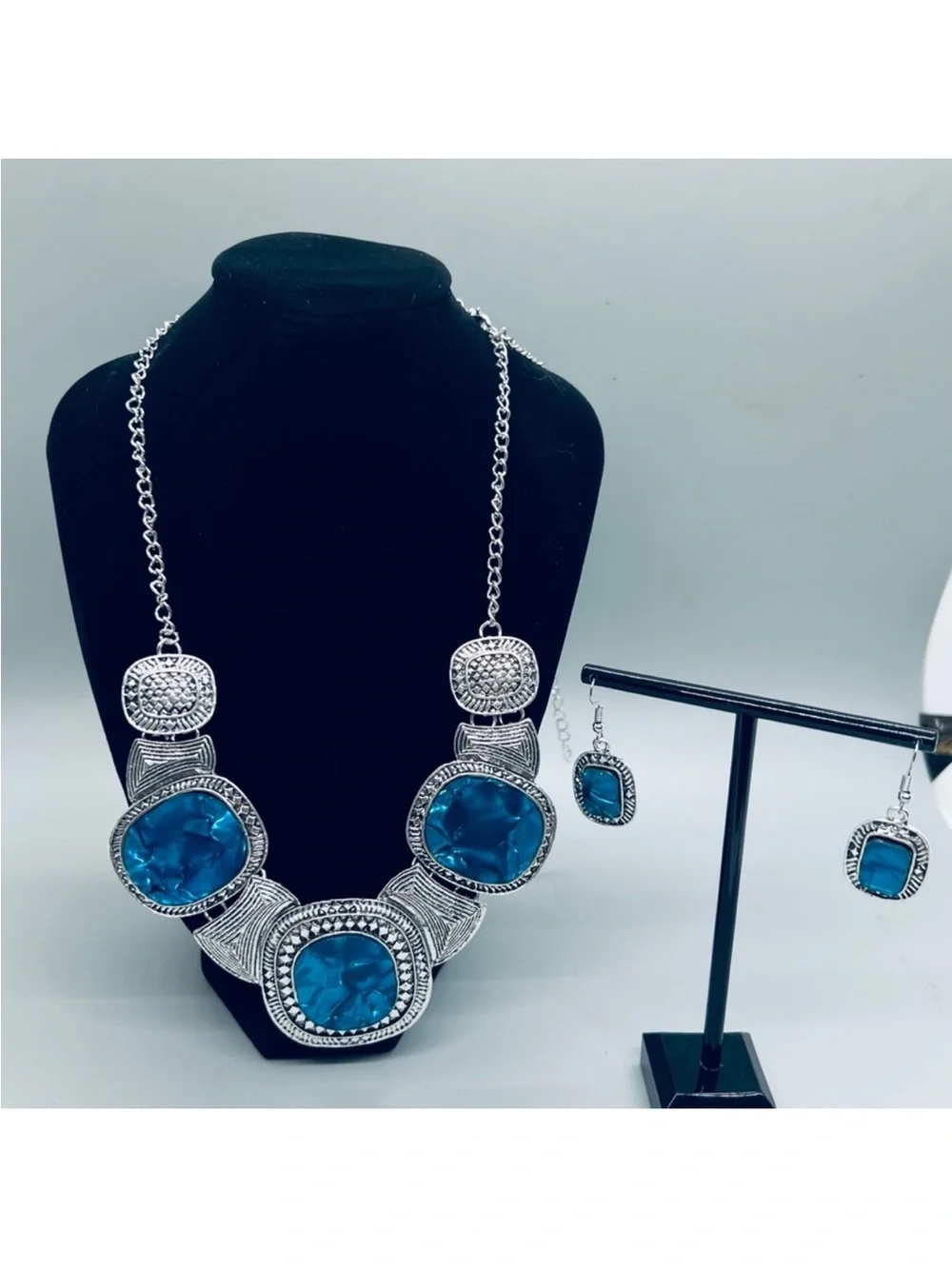 Silver-Tone Blue Statement Necklace & Earring Set FINAL PRICE DROP